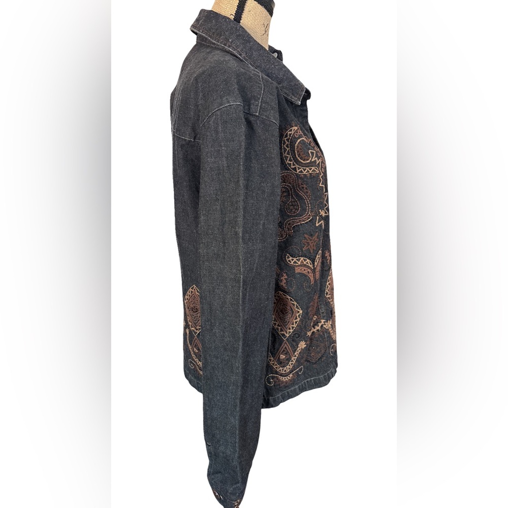 Chico's Black Denim Jacket with Brown Embroidery - Picture 3 of 7